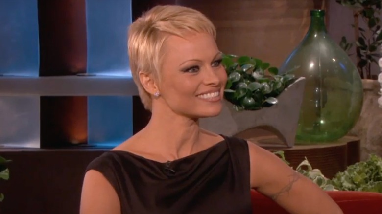 Pamela Anderson in a black dress on The Ellen Show