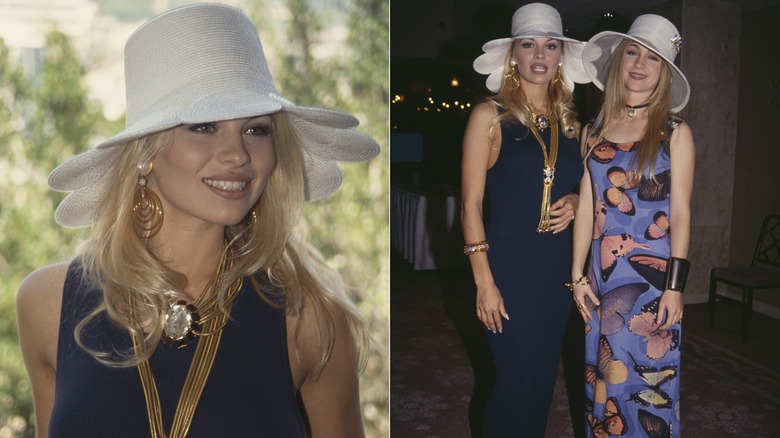 Split image of Pamela Anderson wearing a white sun hat with a scalloped brim, and with Staci Keanen in a full body shot