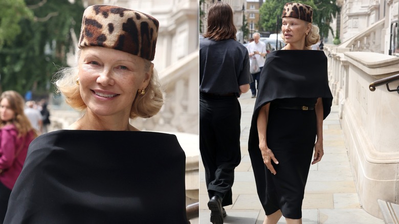 Split image of Pamela Anderson wearing an animal-print pillbox hat and black dress during a celebrity sighting in London