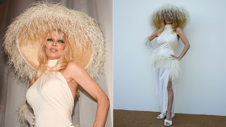 Split image of Pamela Anderson wearing an oversized hat with cascading feathers and a matching white gown