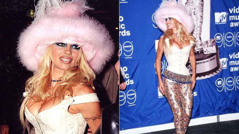 Split image of Pamela Anderson wearing a fuzzy pink hat and white corset top at the MTV Video Music Awards