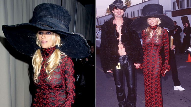 Split image of Pamela Anderson wearing an oversized hat to the American Music Awards, and posing alongside Tommy Lee in a full-body snapshot