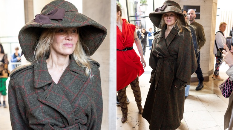 Split image of Pamela Anderson wearing a plaid hat and matching trenchcoat to a fashion week event