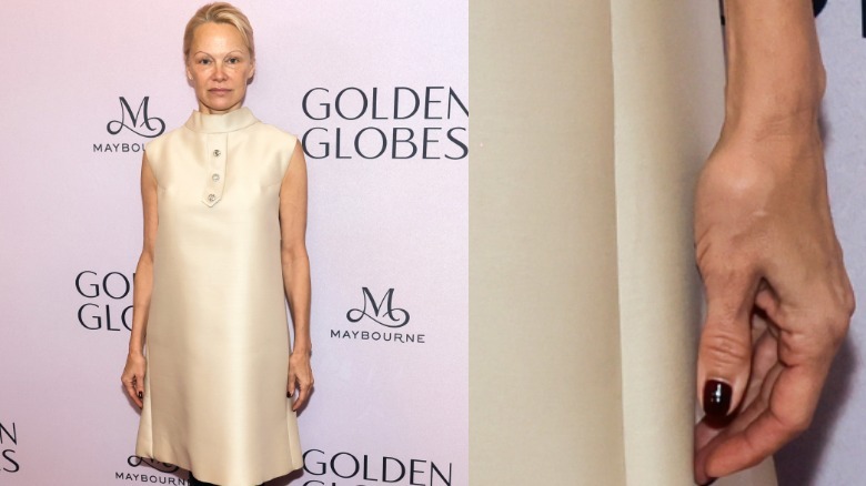 A torso shot and a close up of Pamela Anderson at the 2024 Golden Globes