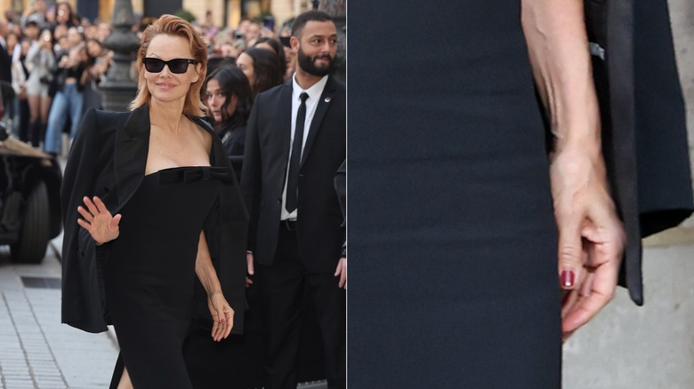 A distant shot and a close up of Pamela Anderson in Paris in black with red nails