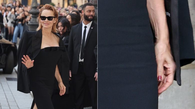 A distant shot and a close up of Pamela Anderson in Paris in black with red nails