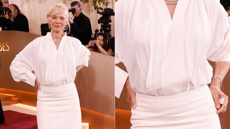 Pamela Anderson standing in a white skirt and shirt and a close up of her nails at the same event