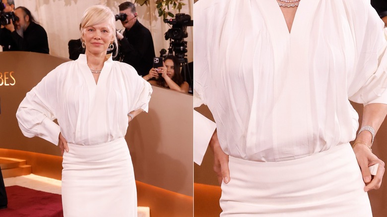 Pamela Anderson standing in a white skirt and shirt and a close up of her nails at the same event