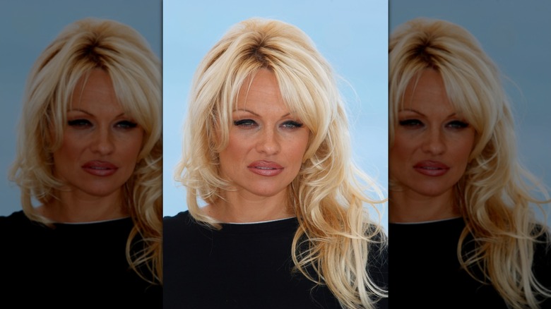 Pamela Anderson poses wearing dark eyeliner and brown lip liner
