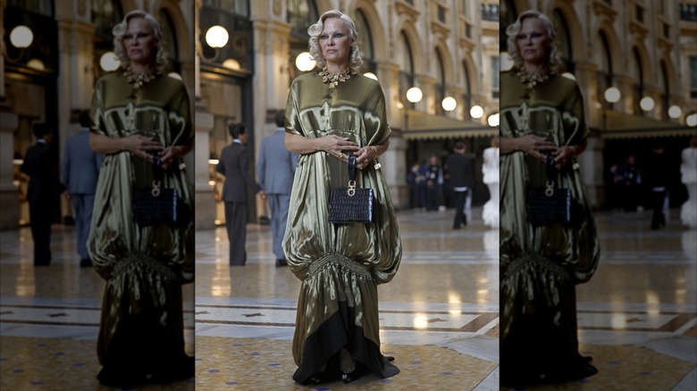 Pamela Anderson in a gold gown in Milan in 2026