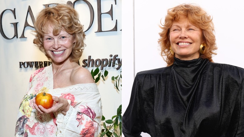 Two images of Pamela Anderson in fall 2025 with short strawberry blond hair styled in a curly hairdo
