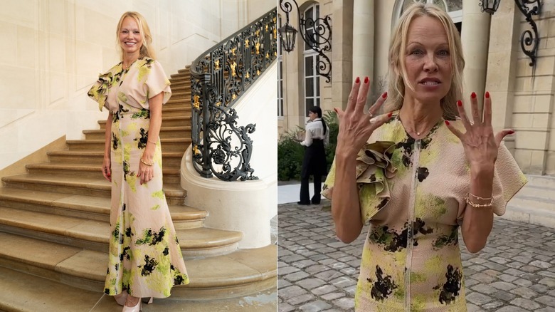 Split image of Pamela Anderson sporting red nails during Paris Fashion Week