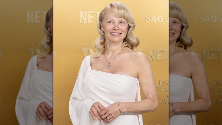 Pamela Anderson smiling at the SAG Awards while going makeup free