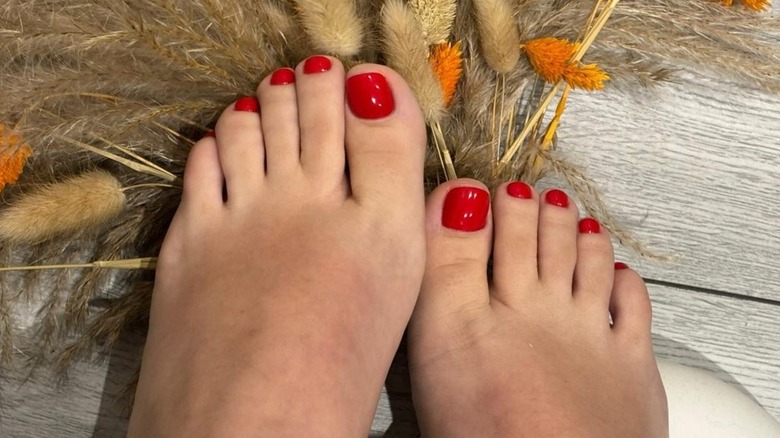 A person's feet with a red manicure resting on dried flowers