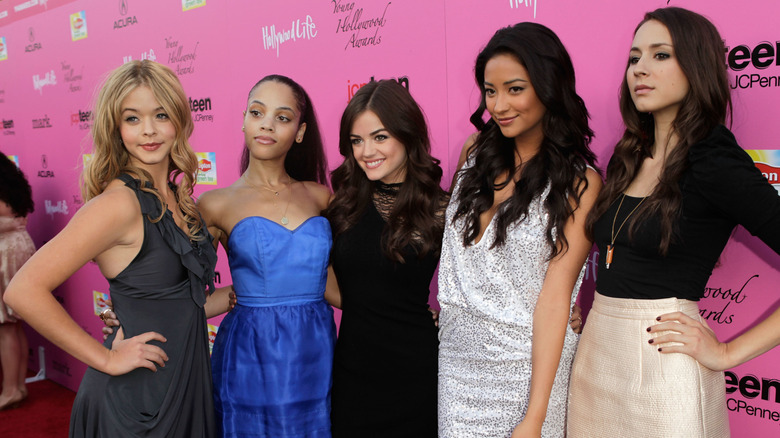 (L-R) Sasha Pieterse, Bianca Lawson, Lucy Hale, Shay Mitchell, and Troian Bellisario arrive at the 12th Annual Young Hollywood Awards in 2010