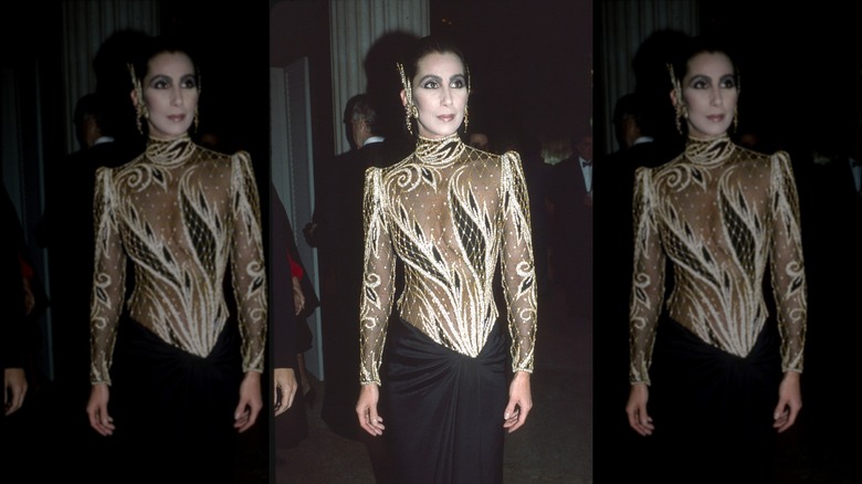 Cher poses wearing a black-and-white sheer bodysuit with encrusted ear cuffs