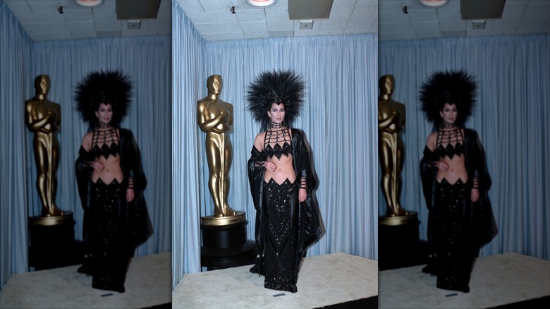Cher poses wearing a giant black feathered headpiece and an embellished black gown