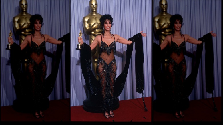 Cher poses wearing a sheer embellished black dress and an exaggerated shawl