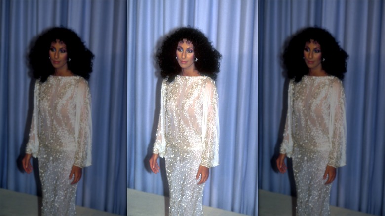 Cher poses with voluminous hair wearing a sparkly white gown