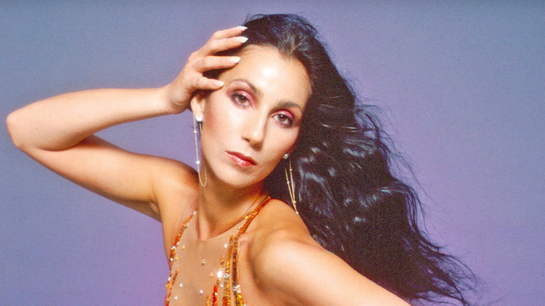 Cher poses with her hand on her head wearing gold hoop earrings and pink eyeshadow