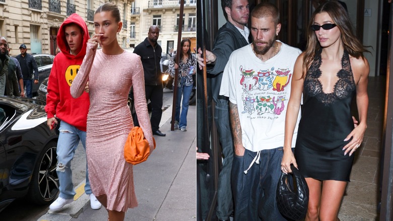 Hailey and Justin Bieber walking outside in Paris and again in New York City