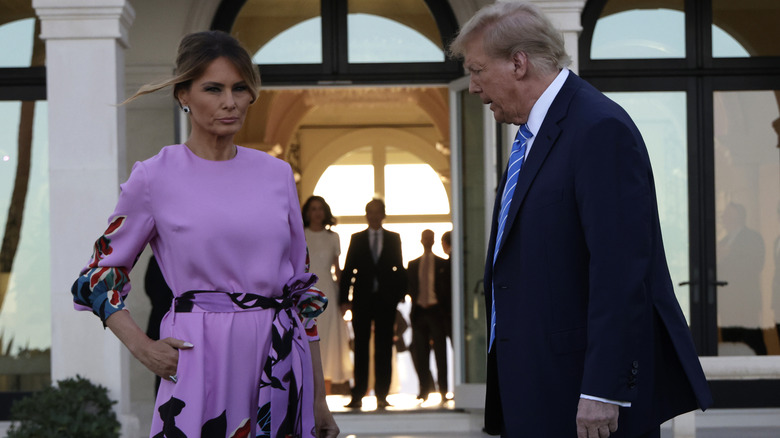 Donald Trump and former first lady Melania Trump arrive at the home of billionaire investor John Paulson on April 6, 2024 in Palm Beach, Florida