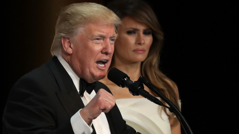 Donald Trump speaks as his wife First Lady Melania Trump looks on during A Salute To Our Armed Services Inaugural Ball january 2017