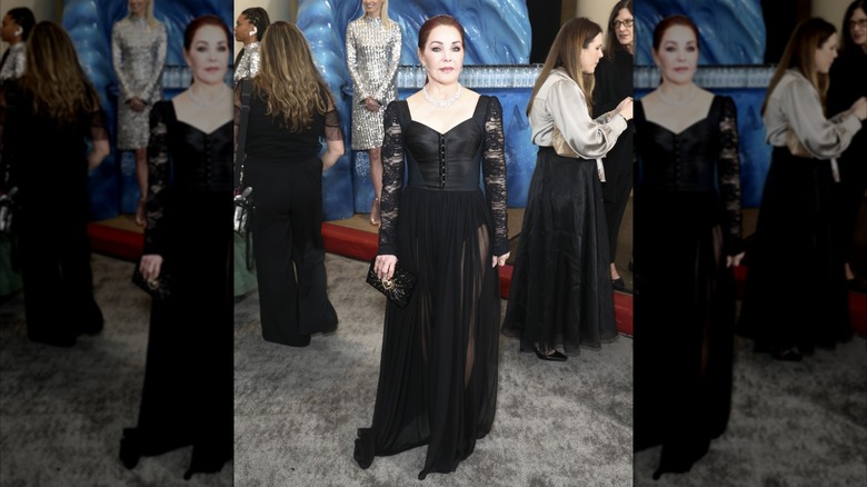 Priscilla Presley wearing a lace and leather dress to a Golden Globes event