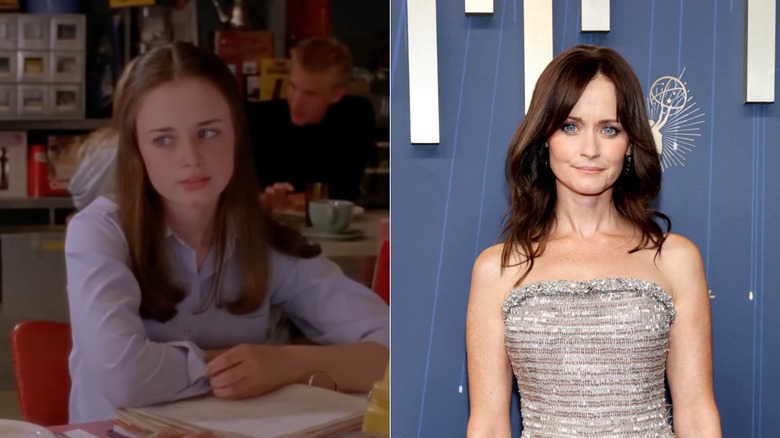 Alexis Bledel looks to the left on the set of Gilmore Girls. Alexis Bledel smiles in 2026.