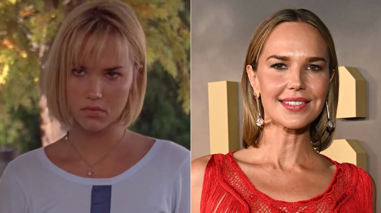 Arielle Kebbel frowns on the set of Gilmore Girls. Arielle Kebbel smiles with red lipstick in 2026.