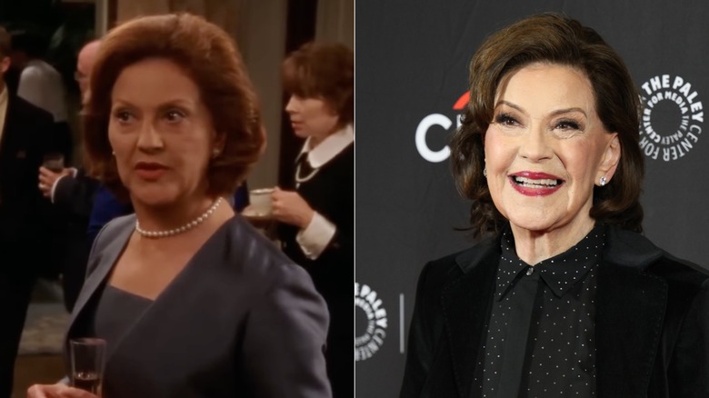 Kelly Bishop frowns on the set of Gilmore Girls. Kelly Bishop smiles with red lipstick in 2026.