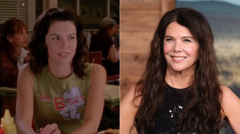Lauren Graham with short hair on the set of Gilmore Girls. Lauren Graham smiles with long hair in 2026.