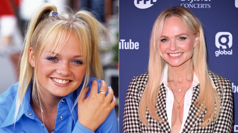 Side-by-side photos comparing a young and current Emma Bunton