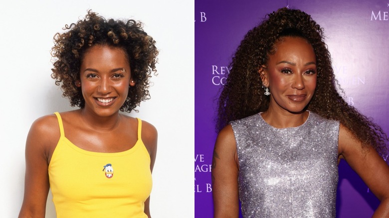 Side-by-side photos comparing a young and current Melanie Brown