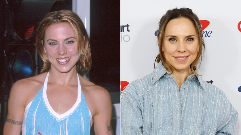 Side-by-side photos comparing a young and current Melanie Chisholm