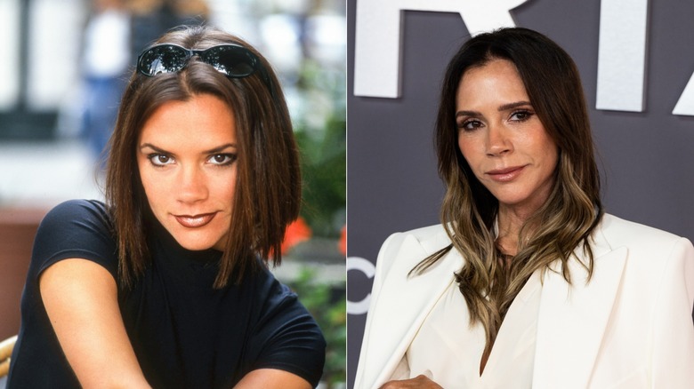 Side-by-side photos comparing a young and current Victoria Beckham