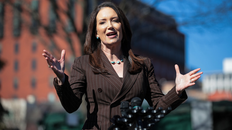U.S. Agriculture Secretary Brooke Rollins speaks to the press outside the White House on February 14, 2025 in Washington, DC.