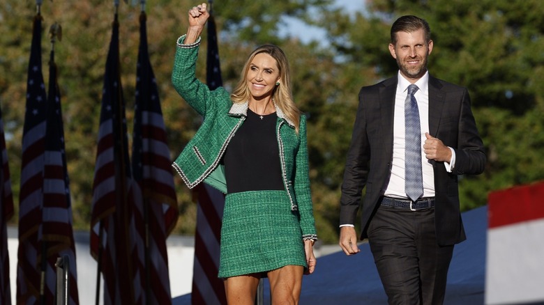 Eric Trump Lara Trump take the stage during a campaign rally at the Butler Farm Show grounds on October 05, 2024 in Butler, Pennsylvania