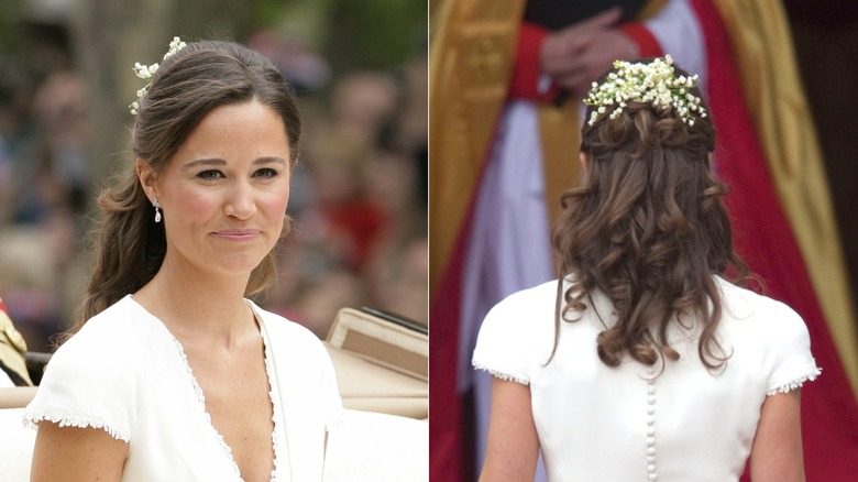 Side by side photos of Pippa Middleton on Kate Middleton's wedding day, front and back of hair