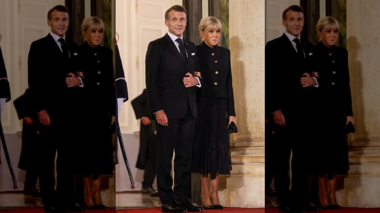 France's President Emmanuel Macron and First Lady Brigitte Macron are seen at the Elysee Palace dinner as part of the Paris Peace Forum at Elysee Palace on October 29, 2025