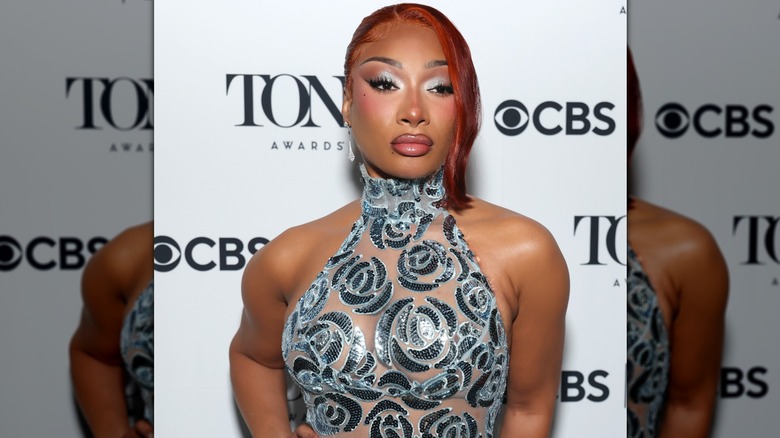 Megan Thee Stallion looking off-camera while wearing a sparkly eyeshadow and sleek eyeliner