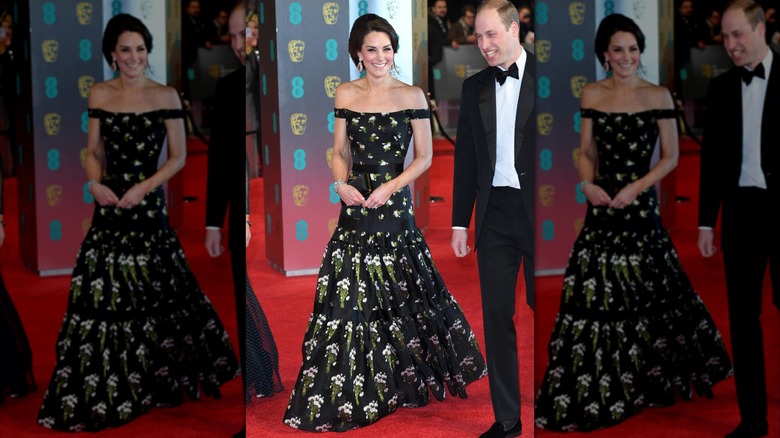 Kate Middleton wearing an off-the-shoulder, floor-length dress with a floral print at the EE British Academy Film Awards