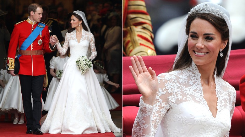 Split image of Kate Middleton on her wedding day, holding hands with Prince William and waving in a close-up