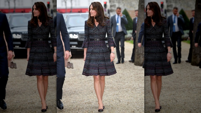 Kate Middleton wearing a tweed, Chanel dress while visiting Les Invalides military hospital in Paris