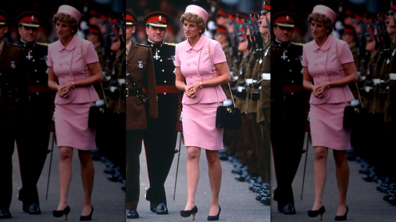 Princess Diana wearing a pink Versace suit and pillbox hat in 1995