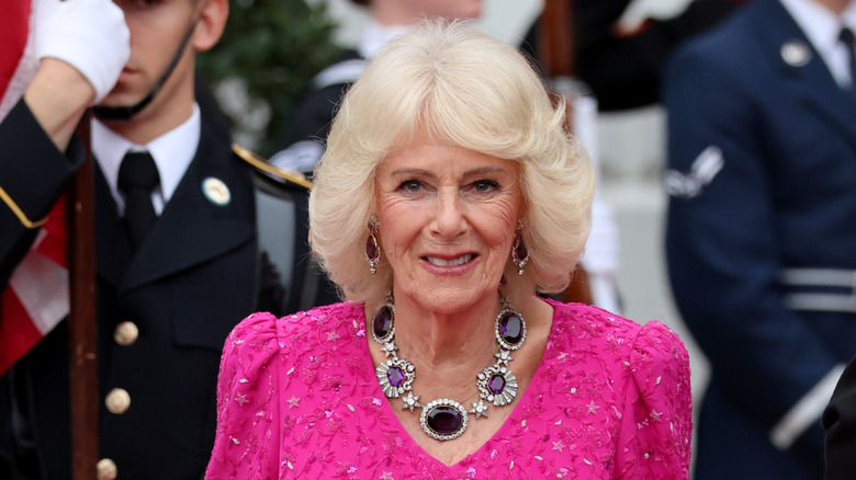 Queen Camilla poses outside during an official state dinner hosted by the President and First Lady at The White House on day two of the State Visit of King Charles III and Queen Camilla to the United States of America, on April 28, 2026 in Washington, DC.
