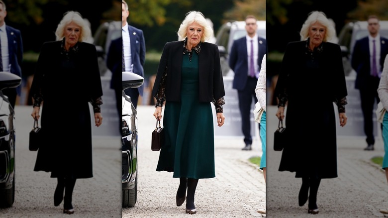 Queen Camilla walking at the Cliveden Literary Festival on October 11, 2025