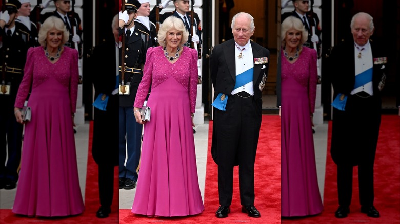 Queen Camilla and King Charles III pose outside during an official state dinner hosted by the President and First Lady at The White House on day two of the State Visit to the United States of America in April 2026