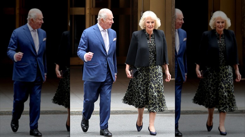 King Charles III and Queen Camilla walking together at a cultural reception at Rockefeller Center on day three of the State Visit to the United States of America in April 2026 in New York