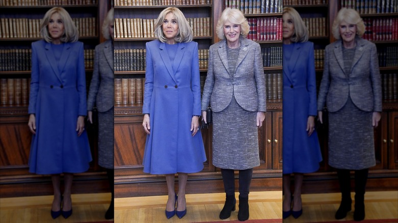 Queen Camilla, accompanied by Brigitte Macron (Wife of French President Emmanuel Macron), attending the Entente Littéraire Prize Ceremony at The French Ambassador's Residence in December 2024